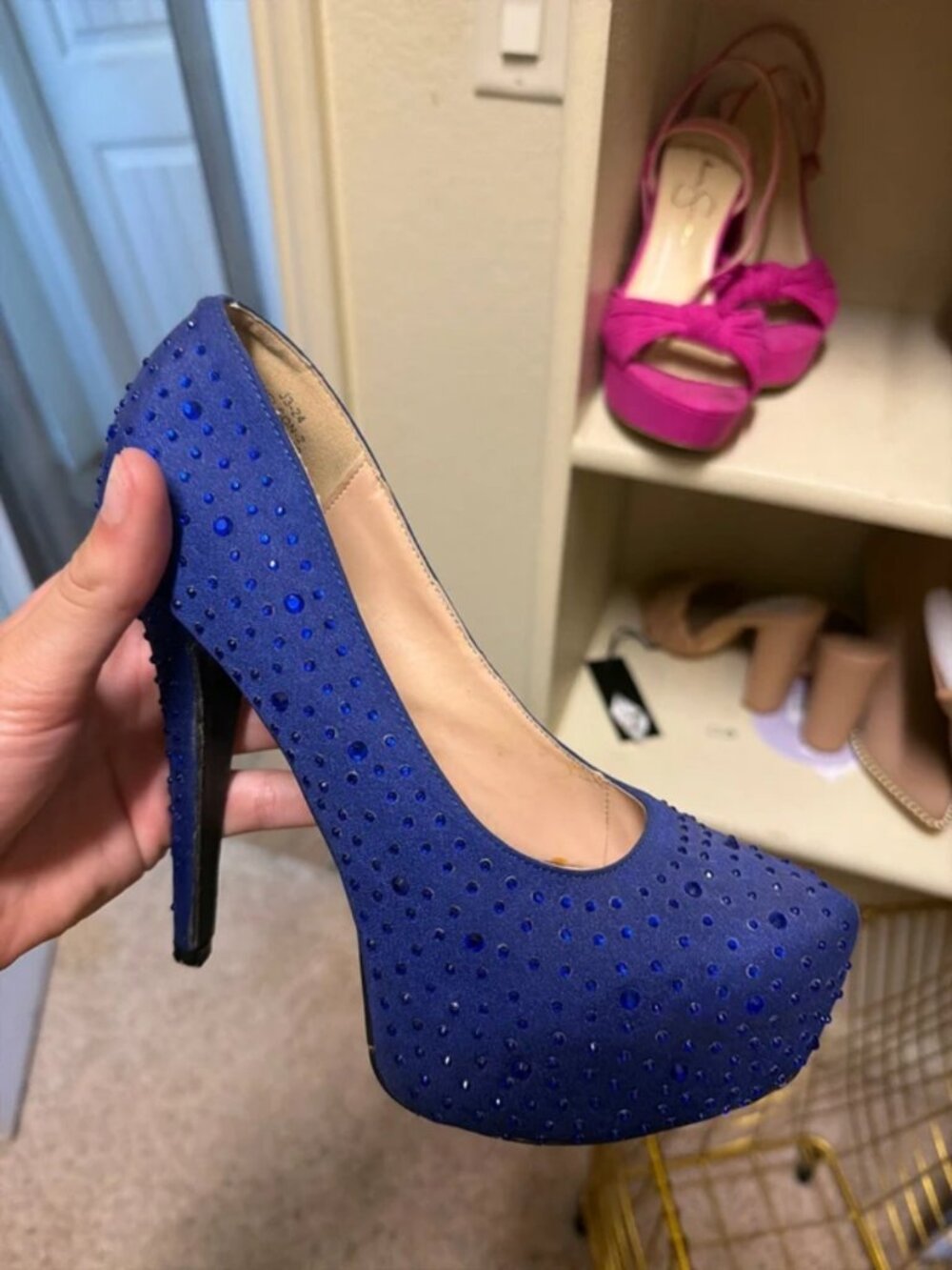 Blue rhinestone heel